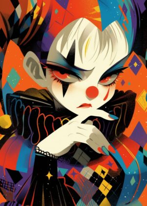 Jester Core: A Bold and Colorful Illustration - Premium Wooden Framed Poster. Ready to Hang.
