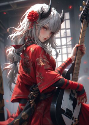 Demon Girl Guitarist: Anime Art Print - Premium Wooden Framed Poster. Ready to Hang.