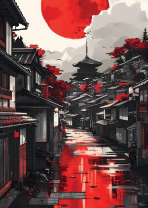 Crimson Reflections: A Japanese Streetscape - Premium Wooden Framed Poster. Ready to Hang.