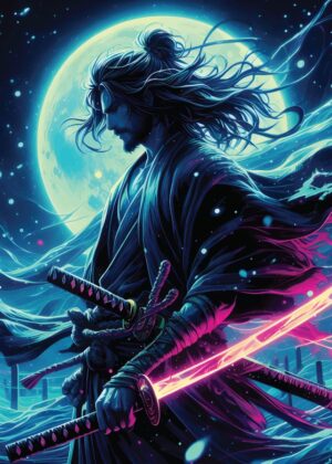Samurai Under the Neon Moon: A Digital Painting - Premium Wooden Framed Poster. Ready to Hang.