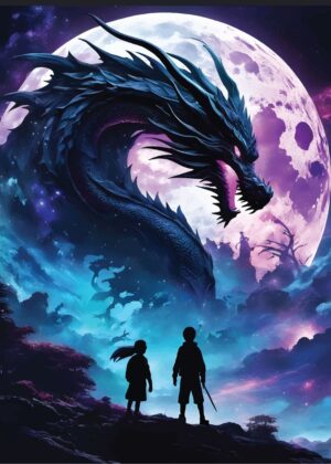 Mystical Dragon Anime Art Print: Guardians of the Night Sky - Premium Wooden Framed Poster. Ready to Hang.