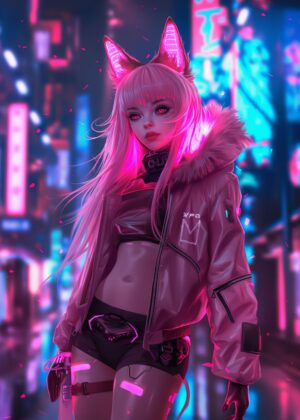 Cyberpunk Foxx: Neon Dreams - Premium Wooden Framed Poster. Ready to Hang.