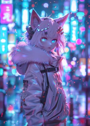 Adorable Anime Girl in Neon Cityscape - Premium Wooden Framed Poster. Ready to Hang.