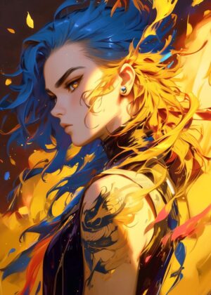 Fiery Blue-Haired Warrior: Digital Art Print - Premium Wooden Framed Poster. Ready to Hang.