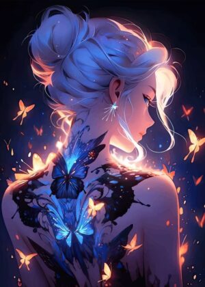 Cute Anime Girl with Butterfly Tattoo - Premium Wooden Framed Poster. Ready to Hang.