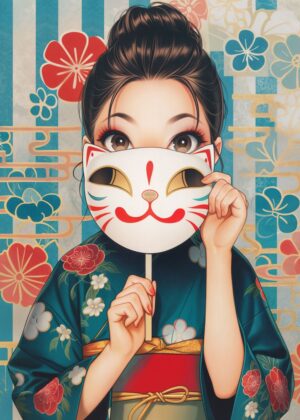 Cute Kitsune Girl: Japanese Anime Art Print - Premium Wooden Framed Poster. Ready to Hang.
