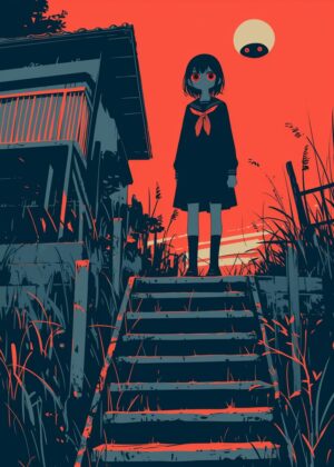 Eerie Sunset: A Mysterious Girl on a Staircase - Premium Wooden Framed Poster. Ready to Hang.
