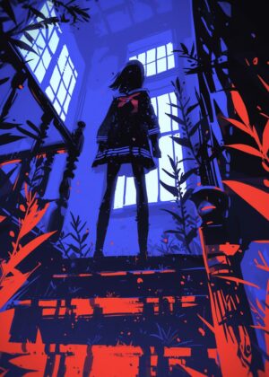 Mysterious Girl in an Overgrown House - Premium Wooden Framed Poster. Ready to Hang.