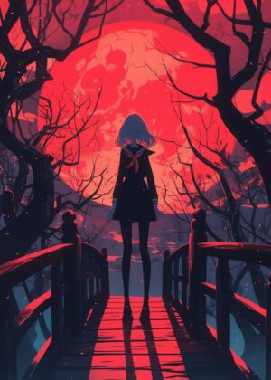 Crimson Moonlit Bridge: Anime Art Print - Premium Wooden Framed Poster. Ready to Hang.