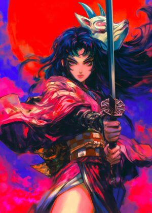 Anime Samurai Demon Girl Art Print - Premium Wooden Framed Poster. Ready to Hang.