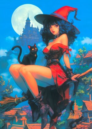 Cute Witch Lady: Fantasy Art Print - Premium Wooden Framed Poster. Ready to Hang.