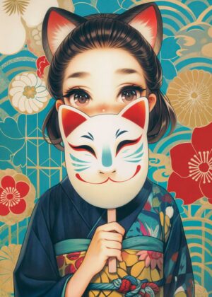 Enchanted Fox Mask Maiden: A Whimsical Japanese-Inspired Artwork - Premium Wooden Framed Poster. Ready to Hang.