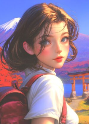 Anime Traveler Girl: A Journey Through Autumn Scenery - Premium Wooden Framed Poster. Ready to Hang.