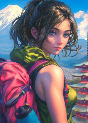 Anime Girl Backpacker: Journey to Japan - Premium Wooden Framed Poster. Ready to Hang.