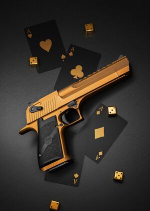Golden Gun and Aces: A Darkly Elegant Art Print - Premium Wooden Framed Poster. Ready to Hang.