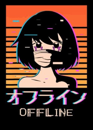 Offline Sad Anime Girl: Vaporwave Aesthetic Art Print - Premium Wooden Framed Poster. Ready to Hang.