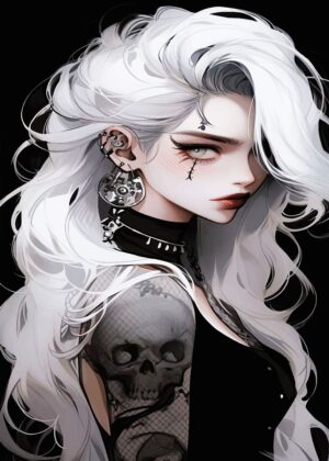 Cute Anime Girl with White Hair and Skull Tattoo - Premium Wooden Framed Poster. Ready to Hang.
