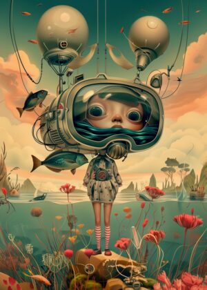 Vintage Space Girl: Anime-Inspired Art Print - Premium Wooden Framed Poster. Ready to Hang.