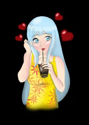 Adorable Anime Girl Enjoying Boba Tea - Premium Wooden Framed Poster. Ready to Hang.