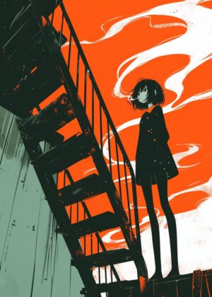 Melancholy Escape: Anime Girl in Urban Setting - Premium Wooden Framed Poster. Ready to Hang.