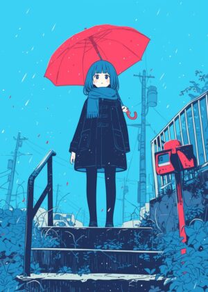 Rainy Day Melancholy: Anime Girl Art Print - Premium Wooden Framed Poster. Ready to Hang.