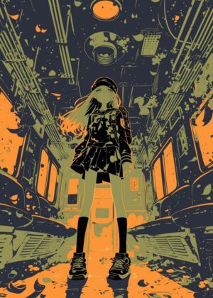 Cyberpunk Anime Girl in Train Station - Premium Wooden Framed Poster. Ready to Hang.