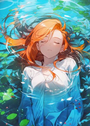Serene Submersion: A Girl in the Lake - Premium Wooden Framed Poster. Ready to Hang.