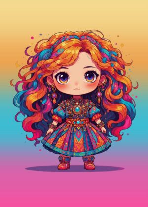 Vibrant Chibi Girl Artwork: A Burst of Color and Imagination - Premium Wooden Framed Poster. Ready to Hang.