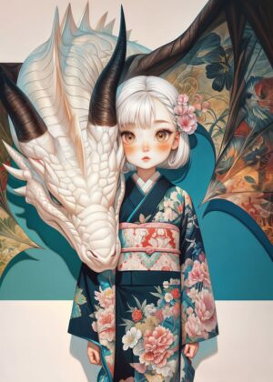 Japanese Dragon Girl: Mystical Fantasy Art Print - Premium Wooden Framed Poster. Ready to Hang.