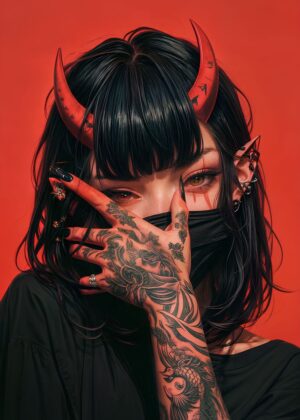 Dark Angel: Tattooed Girl Art Print - Premium Wooden Framed Poster. Ready to Hang.