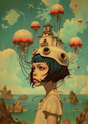 Whimsical Seascape: Anime Girl with Jellyfish House - Premium Wooden Framed Poster. Ready to Hang.