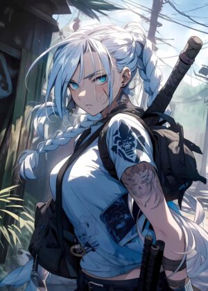 Samurai Anime Girl: Striking Pose in Urban Setting - Premium Wooden Framed Poster. Ready to Hang.
