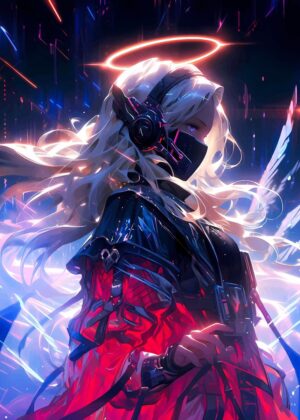 Cyberpunk Angel: Anime Girl Digital Art Print - Premium Wooden Framed Poster. Ready to Hang.