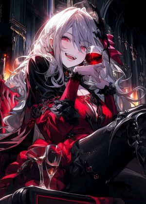 Crimson-Clad Vampiress: Anime Art Print - Premium Wooden Framed Poster. Ready to Hang.