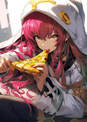Anime Girl Enjoying Pizza - Premium Wooden Framed Poster. Ready to Hang.