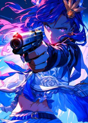 Anime Girl with Gun: Dynamic Action Art Print - Premium Wooden Framed Poster. Ready to Hang.