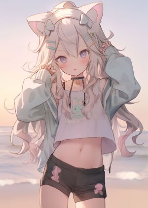 Adorable Anime Girl at the Beach - Premium Wooden Framed Poster. Ready to Hang.