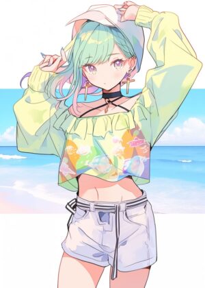 Adorable Anime Girl Beach Vibes Art Print - Premium Wooden Framed Poster. Ready to Hang.