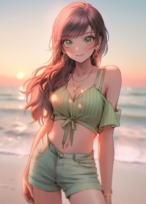 Adorable Anime Girl at Sunset Beach - Premium Wooden Framed Poster. Ready to Hang.