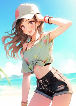 Adorable Anime Girl Summer Beach Scene - Premium Wooden Framed Poster. Ready to Hang.
