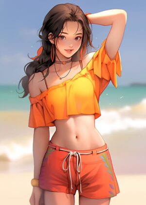 Adorable Anime Girl Summer Beach Scene Artwork Print - Premium Wooden Framed Poster. Ready to Hang.