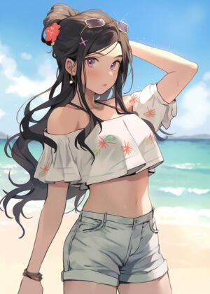 Adorable Anime Girl at the Beach - Premium Wooden Framed Poster. Ready to Hang.