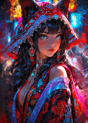 Kitsune Punk: Cyberpunk Anime Girl Art Print - Premium Wooden Framed Poster. Ready to Hang.