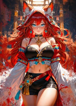 Cute Fox Girl Anime Art Print - Premium Wooden Framed Poster. Ready to Hang.