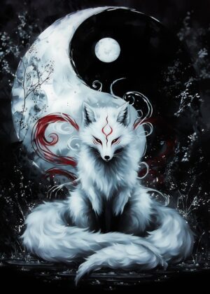 Yin and Yang Kitsune: Mystical Fox Art Print - Premium Wooden Framed Poster. Ready to Hang.