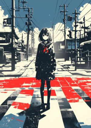 Lost in Transition: Urban Anime Girl Artwork - Premium Wooden Framed Poster. Ready to Hang.