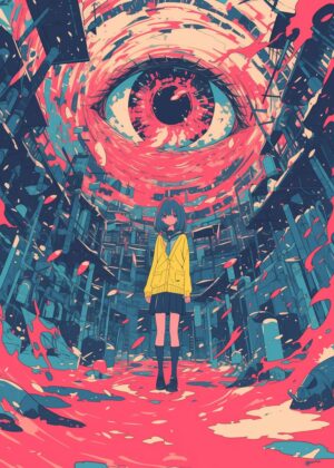 Surreal Anime Girl in a Cityscape of Dreams and Nightmares - Premium Wooden Framed Poster. Ready to Hang.