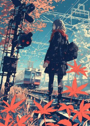 Autumn Melancholy: Anime Girl at the Train Station - Premium Wooden Framed Poster. Ready to Hang.