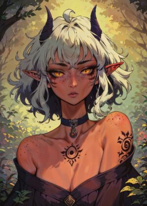 Anime Tiefling Autumn Girl Art Print - Premium Wooden Framed Poster. Ready to Hang.