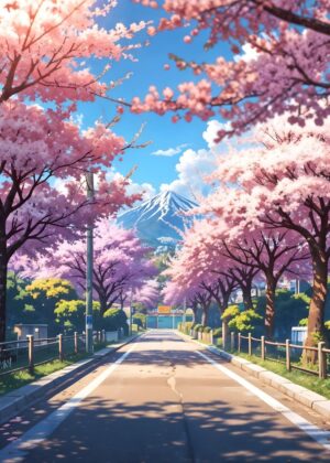 Cherry Blossoms and Mount Fuji: A Serene Spring Scene - Premium Wooden Framed Poster. Ready to Hang.
